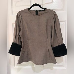 Zara Checked Faux Fur Cuff Tan Top SIZE XS
